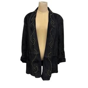 "PISTACHIO" VTG Black Suede Studs Open Front Women's Cardigan SZ S RUNS BIG 80'S